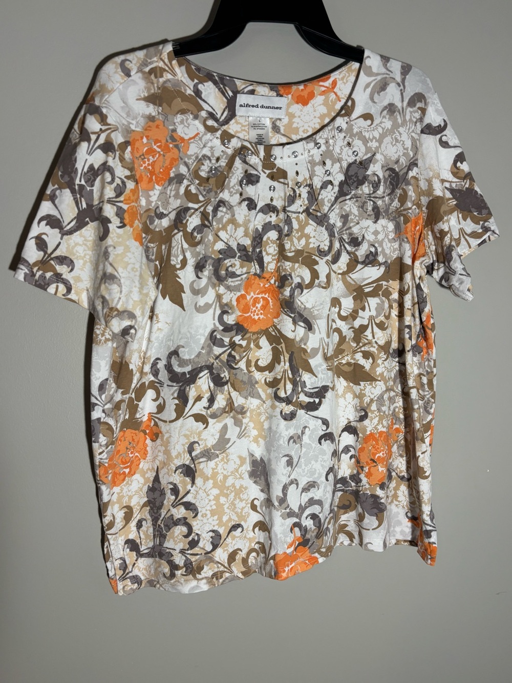 Alfred Dunner Large Floral Embellished Rhinestone Stretch Top Brown Orange